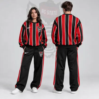 Nc State Wolfpack | Premium NCAA Vertical Stripe Crewneck Sweatshirt & Wide Leg Track Pants Set NDN