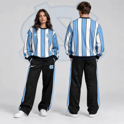 North Carolina Tar Heels | Premium NCAA Vertical Stripe Crewneck Sweatshirt &amp; Wide Leg Track Pants Set NDN