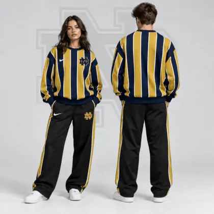 Notre Dame Fighting Irish | Premium NCAA Vertical Stripe Crewneck Sweatshirt & Wide Leg Track Pants Set NDN