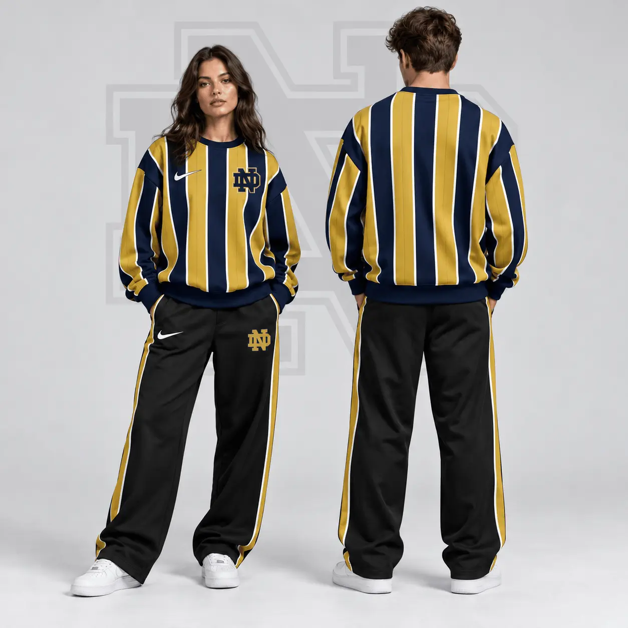 Notre Dame Fighting Irish | Premium NCAA Vertical Stripe Crewneck Sweatshirt & Wide Leg Track Pants Set NDN