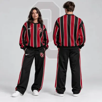 Oklahoma Sooners | Premium NCAA Vertical Stripe Crewneck Sweatshirt &amp; Wide Leg Track Pants Set NDN