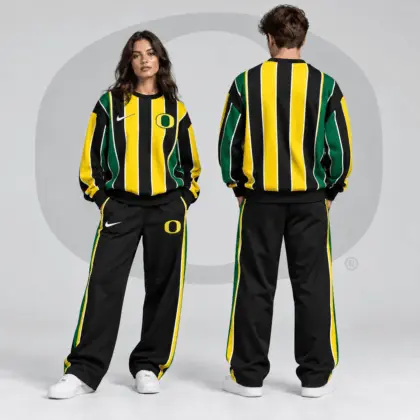 Oregon Ducks | Premium NCAA Vertical Stripe Crewneck Sweatshirt &amp; Wide Leg Track Pants Set NDN