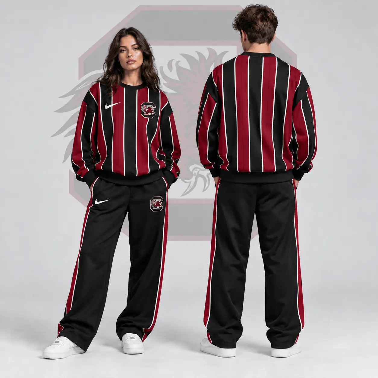 South Carolina Gamecocks | Premium NCAA Vertical Stripe Crewneck Sweatshirt & Wide Leg Track Pants Set NDN