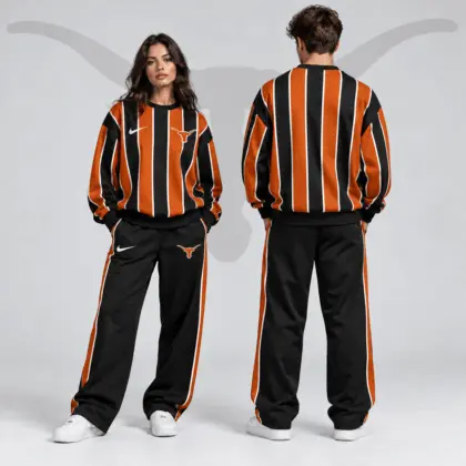 Texas Longhorns | Premium NCAA Vertical Stripe Crewneck Sweatshirt & Wide Leg Track Pants Set NDN