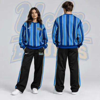 Ucla Bruins | Premium NCAA Vertical Stripe Crewneck Sweatshirt & Wide Leg Track Pants Set NDN