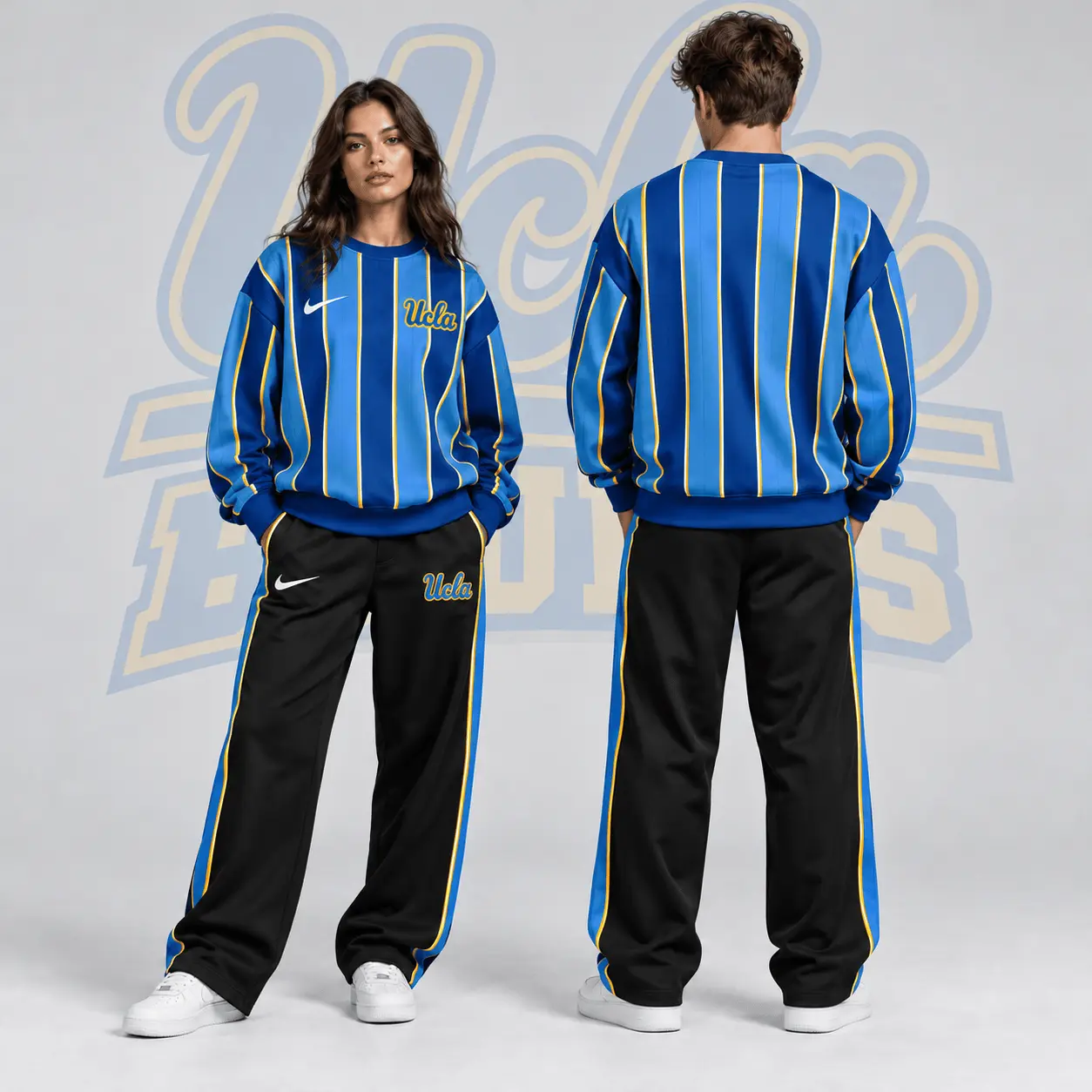 Ucla Bruins | Premium NCAA Vertical Stripe Crewneck Sweatshirt & Wide Leg Track Pants Set NDN