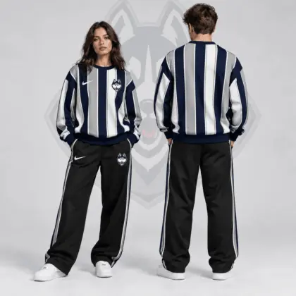 Uconn Huskies | Premium NCAA Vertical Stripe Crewneck Sweatshirt & Wide Leg Track Pants Set NDN