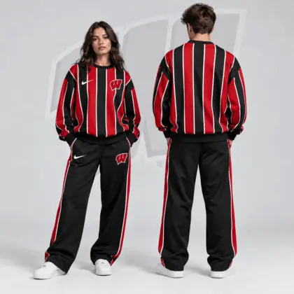 Wisconsin Badgers | Premium NCAA Vertical Stripe Crewneck Sweatshirt & Wide Leg Track Pants Set NDN