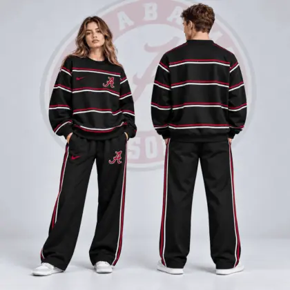 Alabama Crimson Tide | Premium NCAA Horizontal Stripe Crewneck Sweatshirt & Wide Leg Track Pants Set NDN