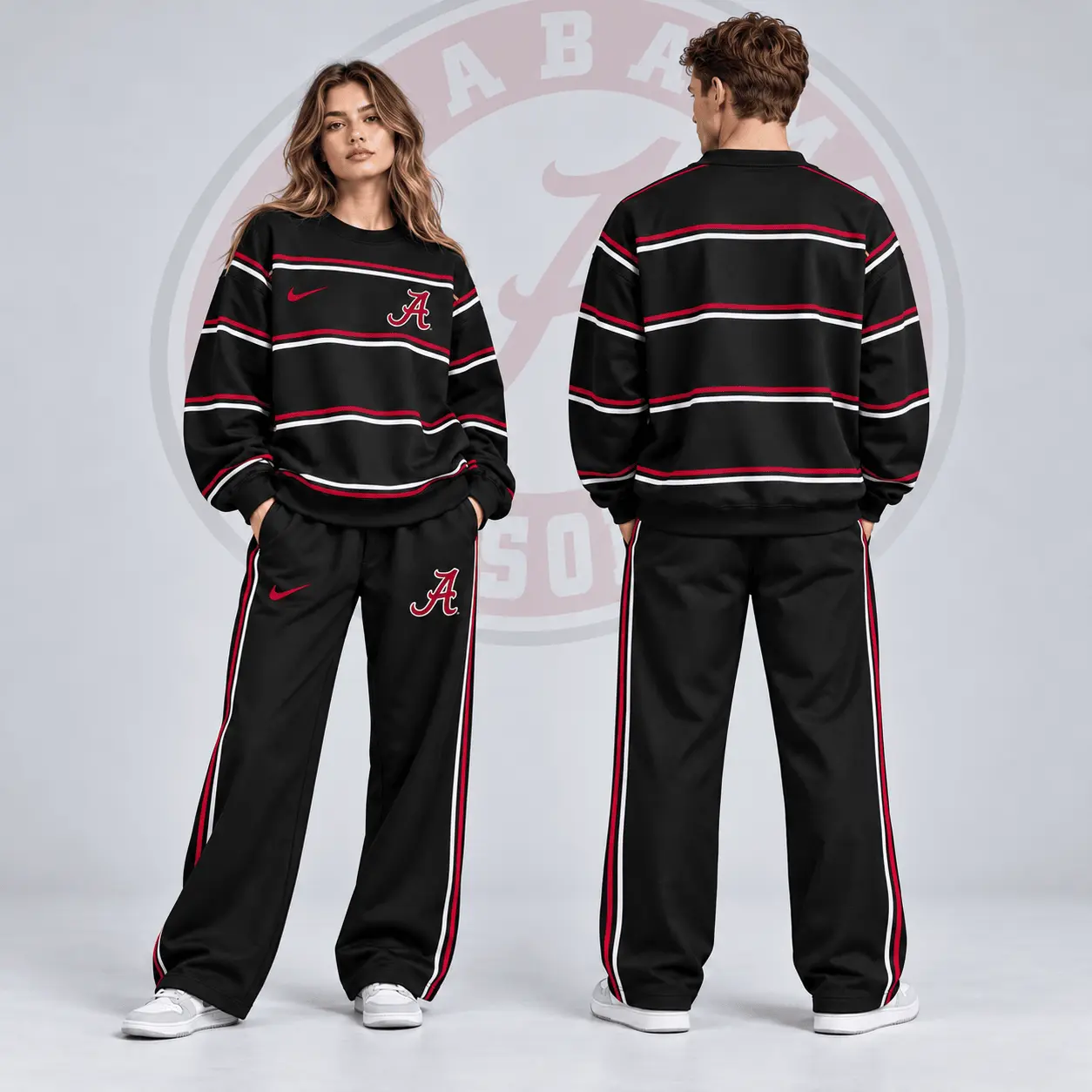 Alabama Crimson Tide | Premium NCAA Horizontal Stripe Crewneck Sweatshirt & Wide Leg Track Pants Set NDN