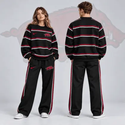 Arkansas Razorbacks | Premium NCAA Horizontal Stripe Crewneck Sweatshirt &amp; Wide Leg Track Pants Set NDN