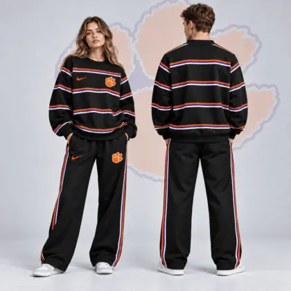 Clemson Tigers | Premium NCAA Horizontal Stripe Crewneck Sweatshirt & Wide Leg Track Pants Set NDN