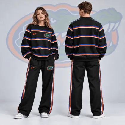 Florida Gators | Premium NCAA Horizontal Stripe Crewneck Sweatshirt &amp; Wide Leg Track Pants Set NDN