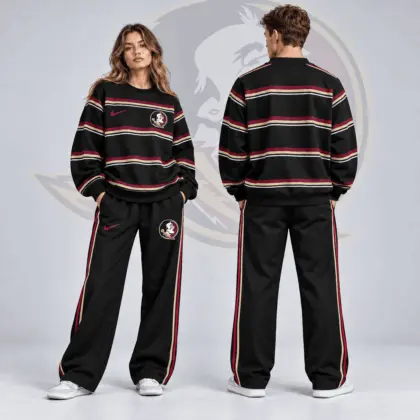 Florida State Seminoles | Premium NCAA Horizontal Stripe Crewneck Sweatshirt &amp; Wide Leg Track Pants Set NDN