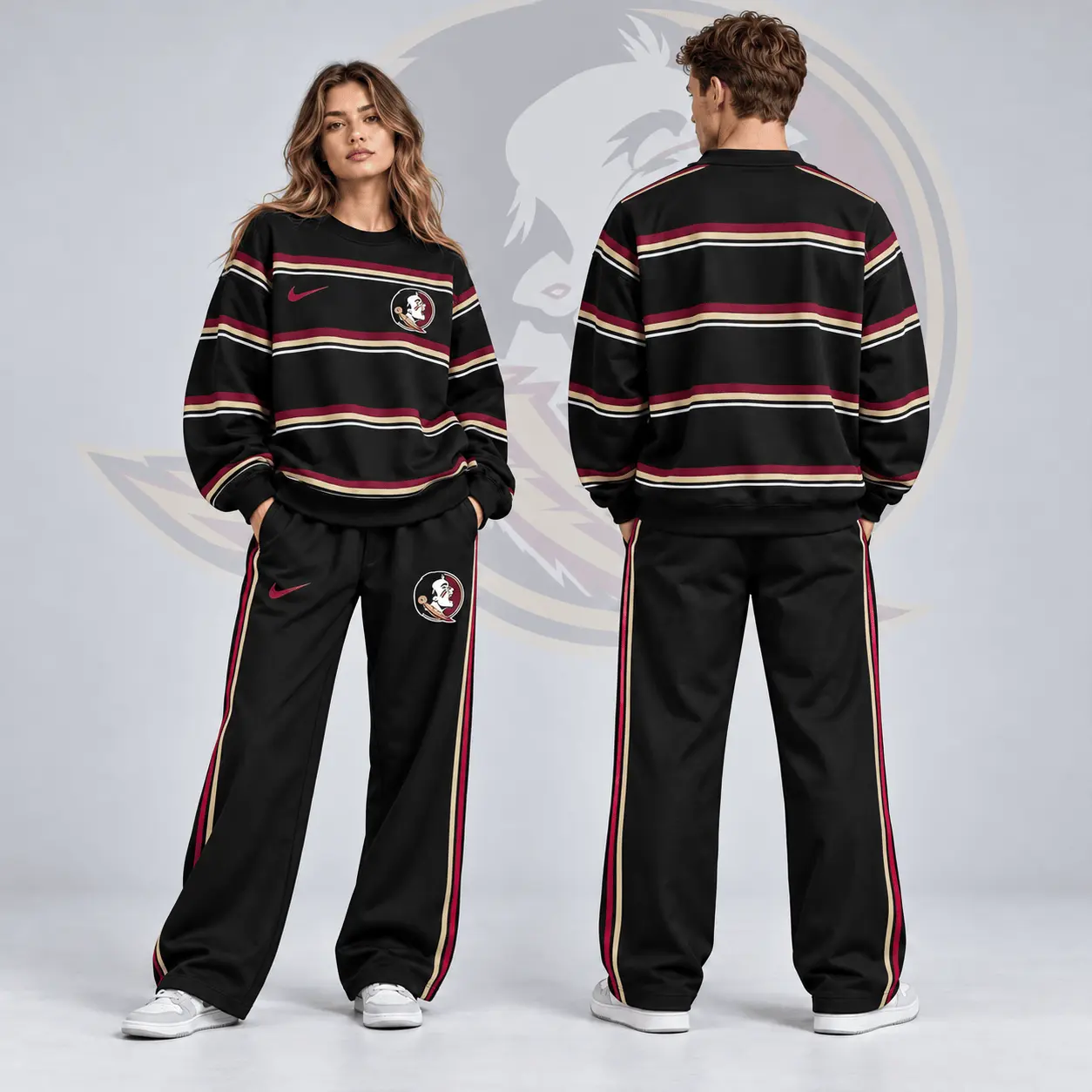 Florida State Seminoles | Premium NCAA Horizontal Stripe Crewneck Sweatshirt & Wide Leg Track Pants Set NDN