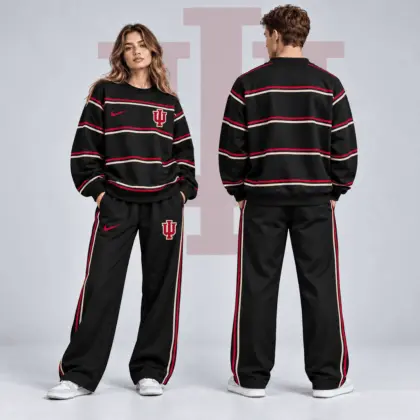 Indiana Hoosiers | Premium NCAA Horizontal Stripe Crewneck Sweatshirt & Wide Leg Track Pants Set NDN