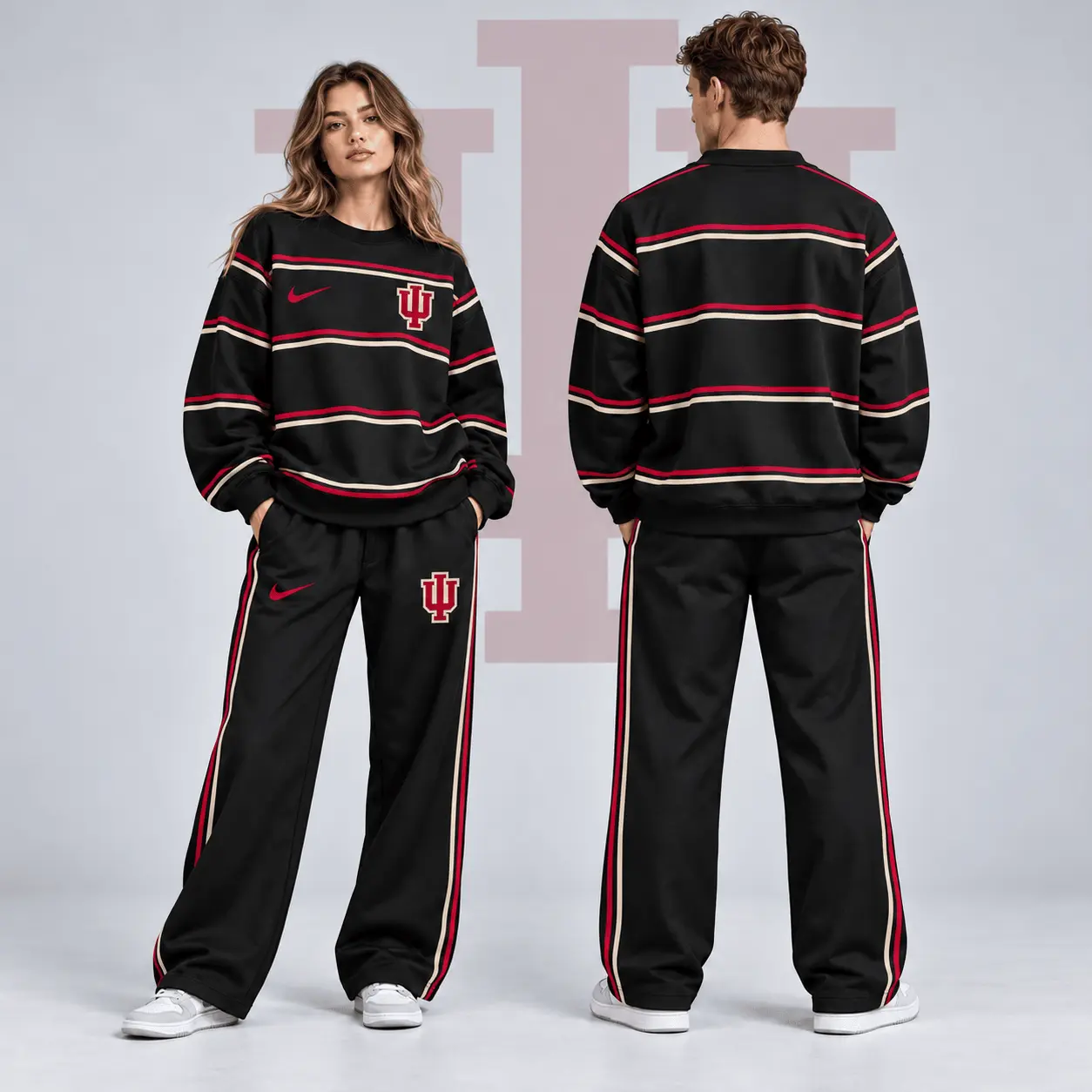 Indiana Hoosiers | Premium NCAA Horizontal Stripe Crewneck Sweatshirt & Wide Leg Track Pants Set NDN
