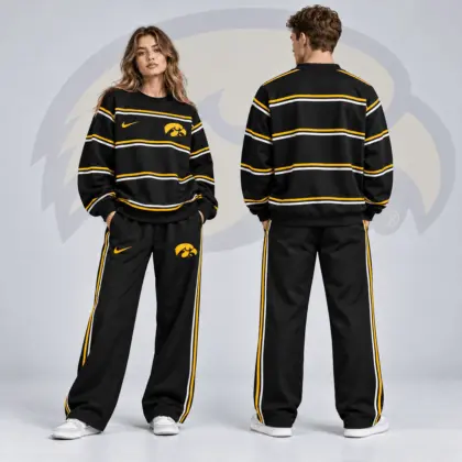 Iowa Hawkeyes | Premium NCAA Horizontal Stripe Crewneck Sweatshirt & Wide Leg Track Pants Set NDN