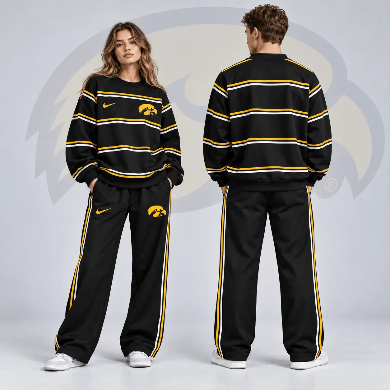 Iowa Hawkeyes | Premium NCAA Horizontal Stripe Crewneck Sweatshirt & Wide Leg Track Pants Set NDN