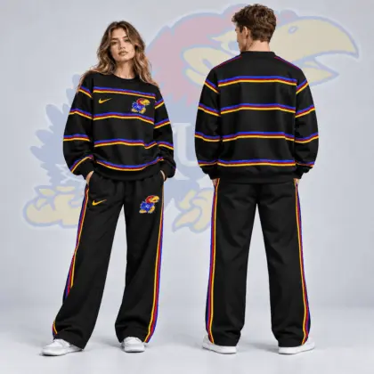 Kansas Jayhawks | Premium NCAA Horizontal Stripe Crewneck Sweatshirt & Wide Leg Track Pants Set NDN