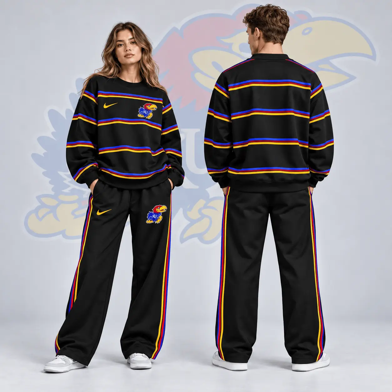 Kansas Jayhawks | Premium NCAA Horizontal Stripe Crewneck Sweatshirt & Wide Leg Track Pants Set NDN