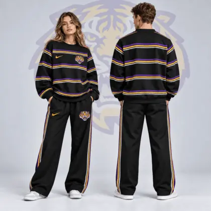 Lsu Tigers | Premium NCAA Horizontal Stripe Crewneck Sweatshirt & Wide Leg Track Pants Set NDN