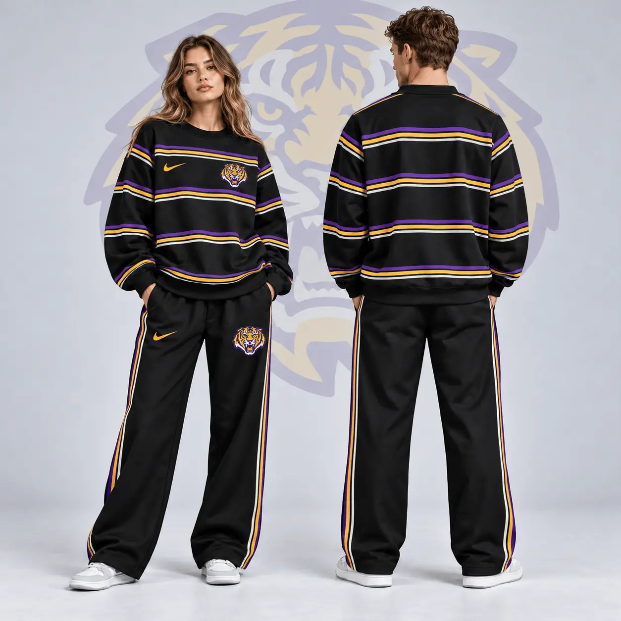 Lsu Tigers | Premium NCAA Horizontal Stripe Crewneck Sweatshirt & Wide Leg Track Pants Set NDN