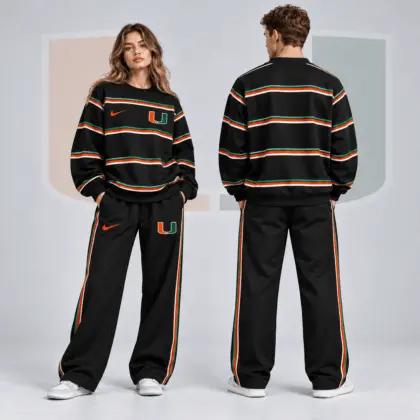 Miami Hurricanes | Premium NCAA Horizontal Stripe Crewneck Sweatshirt & Wide Leg Track Pants Set NDN