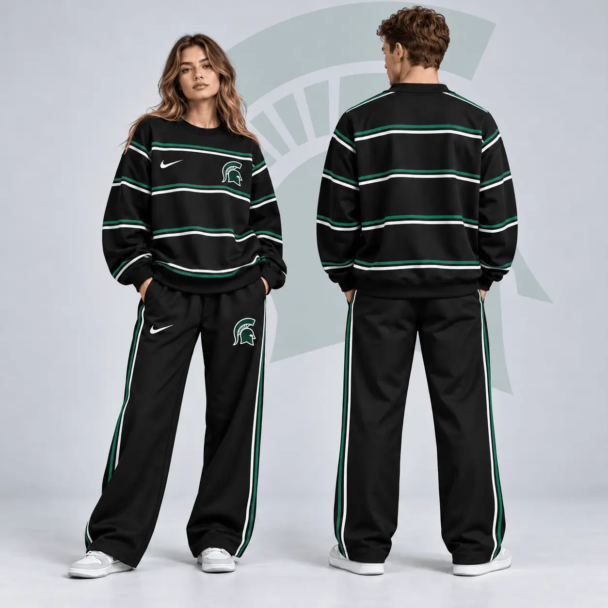 Michigan State Spartans | Premium NCAA Horizontal Stripe Crewneck Sweatshirt & Wide Leg Track Pants Set NDN