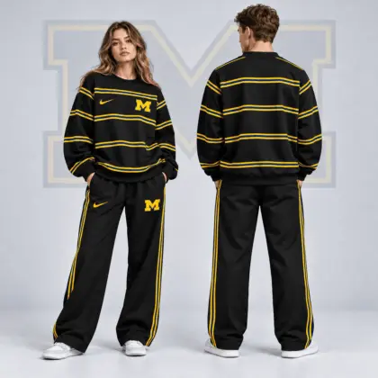 Michigan Wolverines | Premium NCAA Horizontal Stripe Crewneck Sweatshirt & Wide Leg Track Pants Set NDN