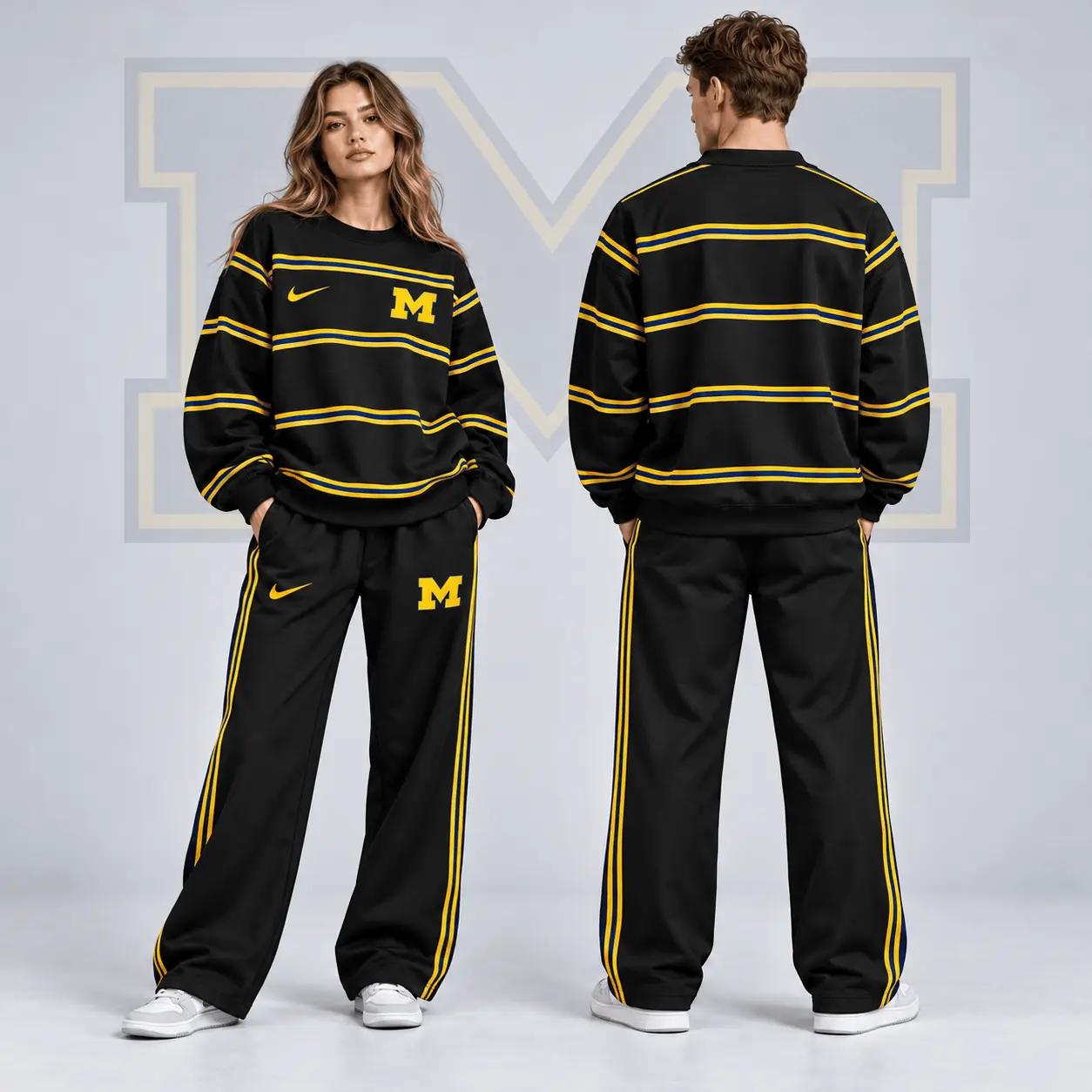 Michigan Wolverines | Premium NCAA Horizontal Stripe Crewneck Sweatshirt & Wide Leg Track Pants Set NDN