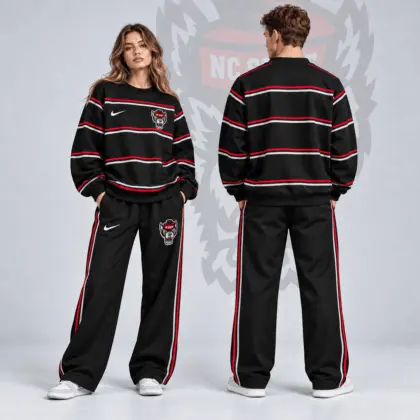 Nc State Wolfpack | Premium NCAA Horizontal Stripe Crewneck Sweatshirt & Wide Leg Track Pants Set NDN
