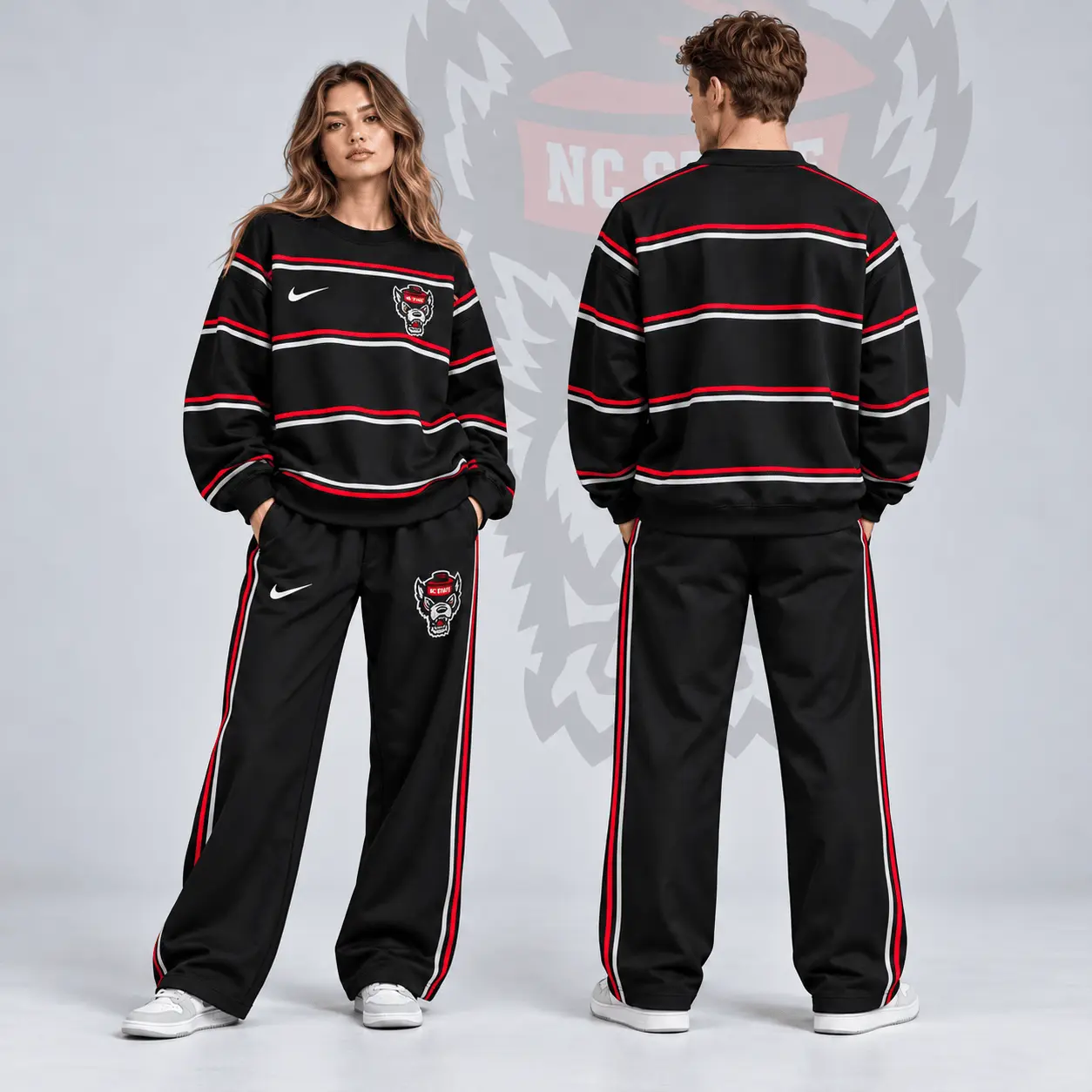 Nc State Wolfpack | Premium NCAA Horizontal Stripe Crewneck Sweatshirt & Wide Leg Track Pants Set NDN