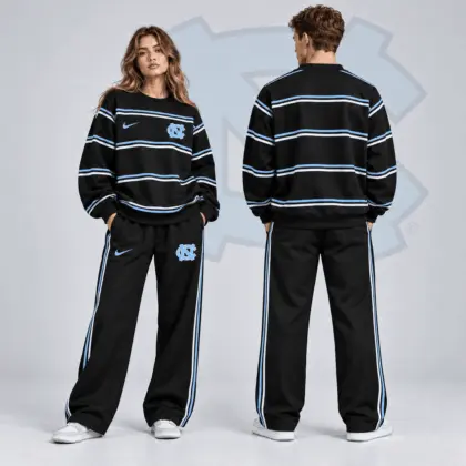 North Carolina Tar Heels | Premium NCAA Horizontal Stripe Crewneck Sweatshirt & Wide Leg Track Pants Set NDN