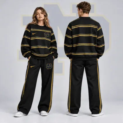 Notre Dame Fighting Irish | Premium NCAA Horizontal Stripe Crewneck Sweatshirt & Wide Leg Track Pants Set NDN