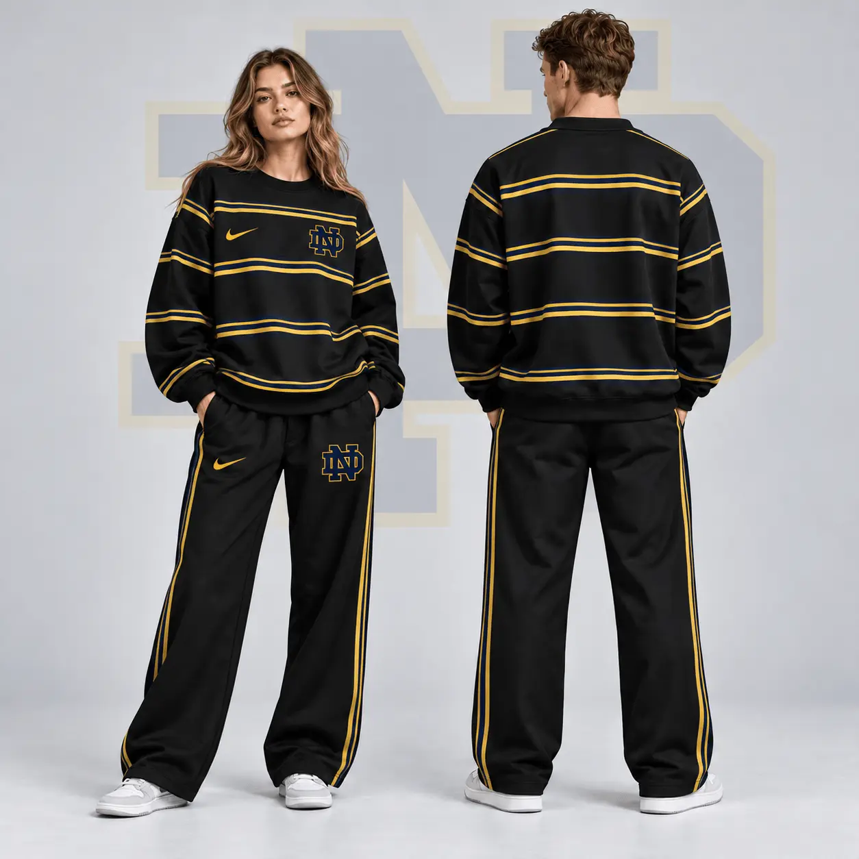 Notre Dame Fighting Irish | Premium NCAA Horizontal Stripe Crewneck Sweatshirt & Wide Leg Track Pants Set NDN