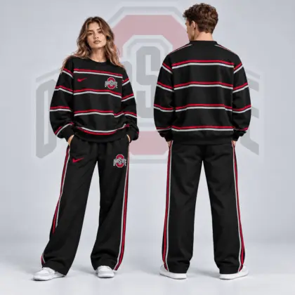 Ohio State Buckeyes | Premium NCAA Horizontal Stripe Crewneck Sweatshirt & Wide Leg Track Pants Set NDN