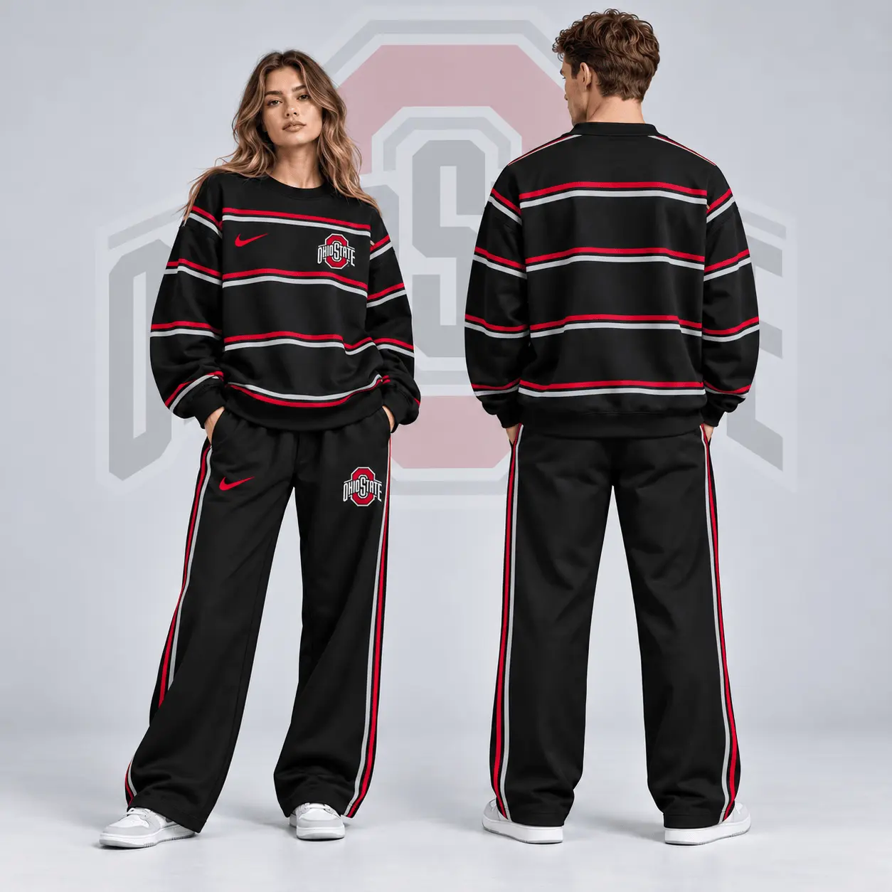 Ohio State Buckeyes | Premium NCAA Horizontal Stripe Crewneck Sweatshirt & Wide Leg Track Pants Set NDN