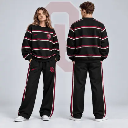 Oklahoma Sooners | Premium NCAA Horizontal Stripe Crewneck Sweatshirt & Wide Leg Track Pants Set NDN