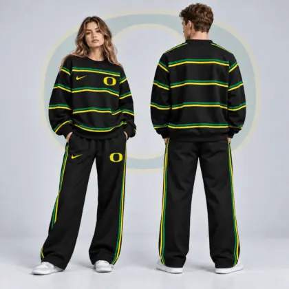 Oregon Ducks | Premium NCAA Horizontal Stripe Crewneck Sweatshirt &amp; Wide Leg Track Pants Set NDN