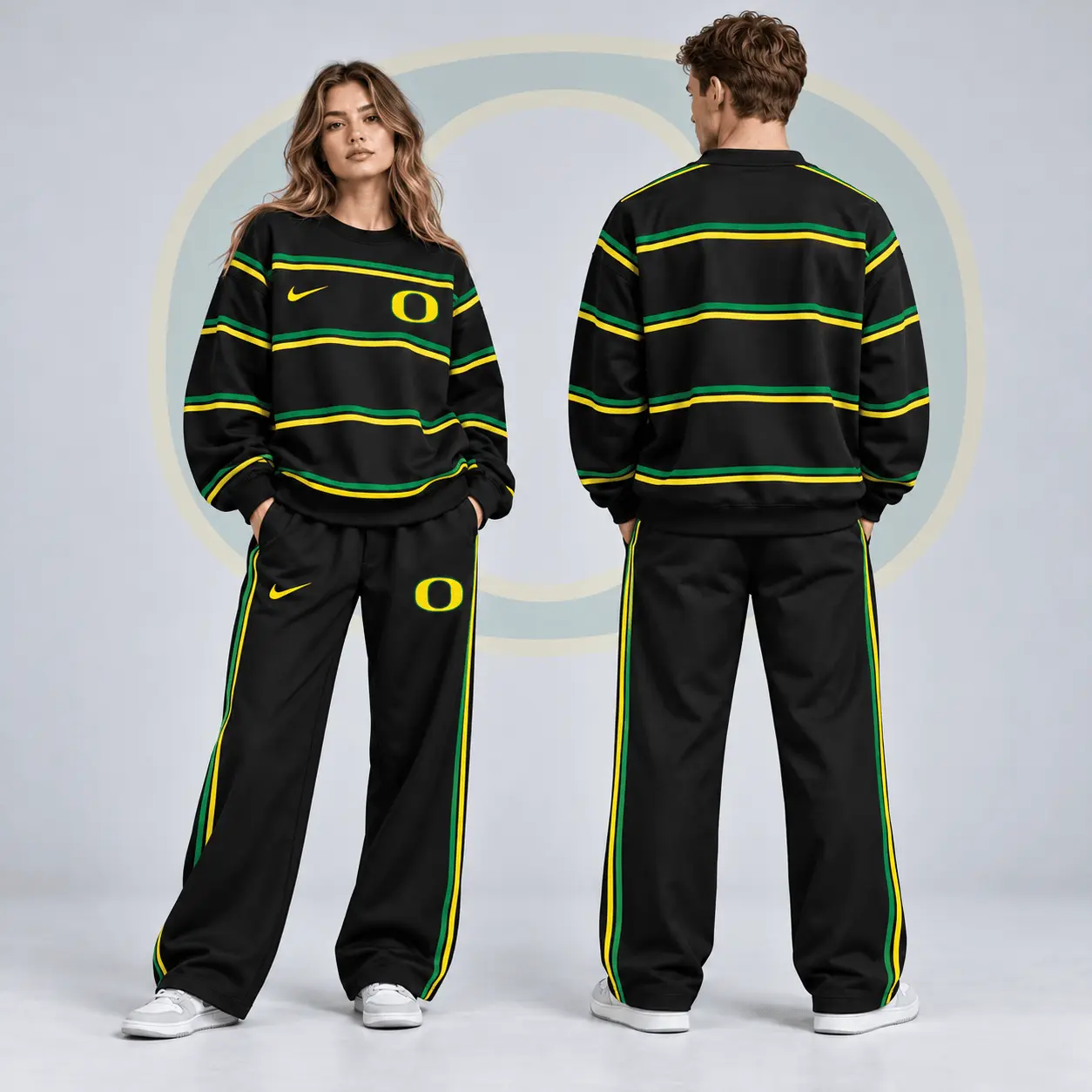 Oregon Ducks | Premium NCAA Horizontal Stripe Crewneck Sweatshirt & Wide Leg Track Pants Set NDN