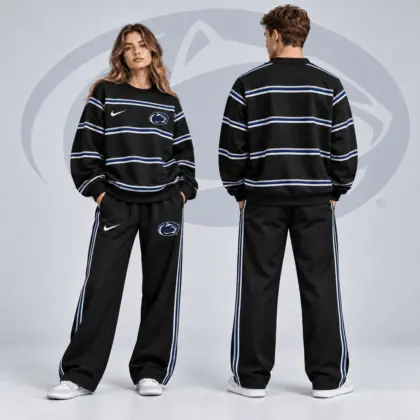 Penn State Nittany Lions | Premium NCAA Horizontal Stripe Crewneck Sweatshirt &amp; Wide Leg Track Pants Set NDN
