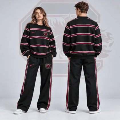 South Carolina Gamecocks | Premium NCAA Horizontal Stripe Crewneck Sweatshirt &amp; Wide Leg Track Pants Set NDN