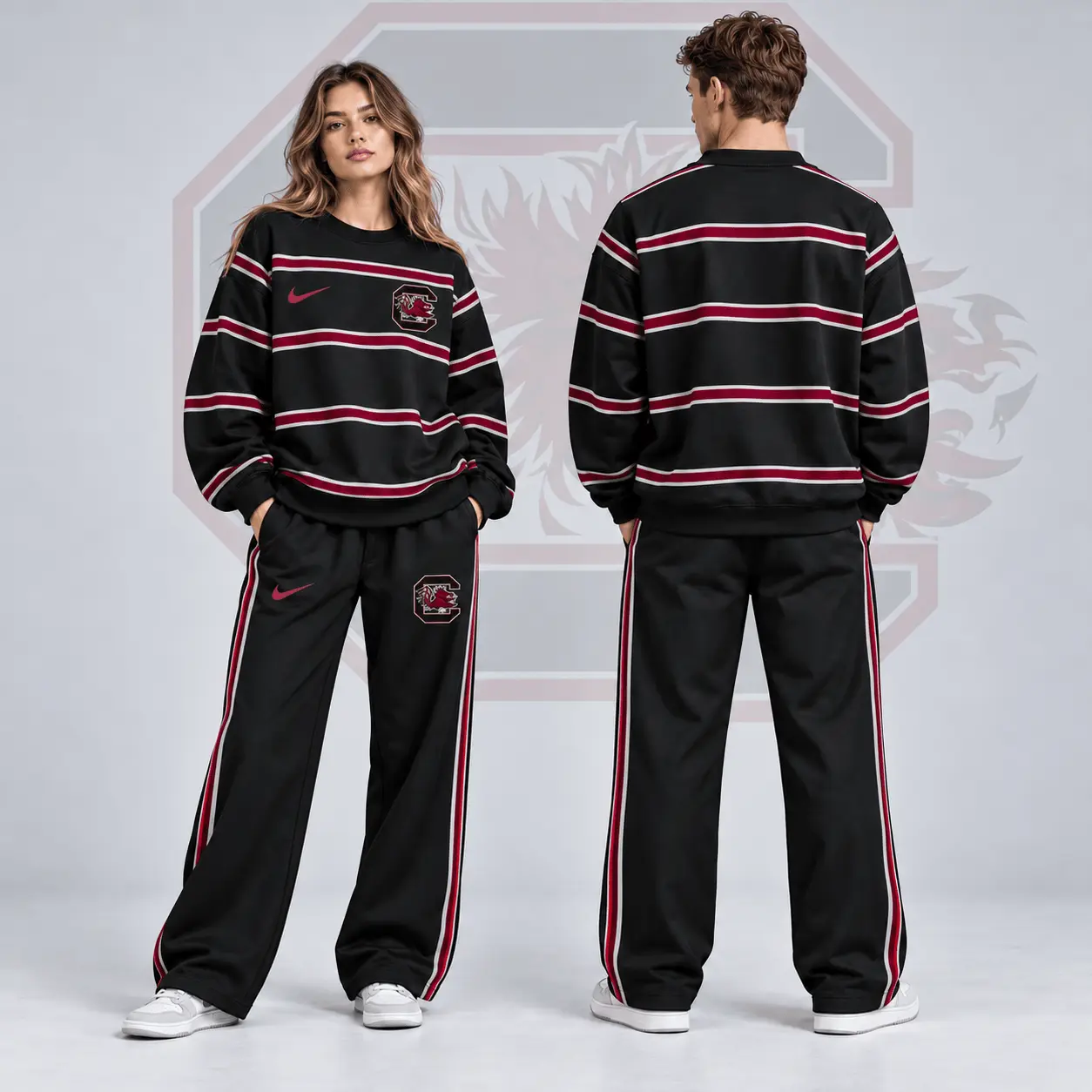 South Carolina Gamecocks | Premium NCAA Horizontal Stripe Crewneck Sweatshirt & Wide Leg Track Pants Set NDN