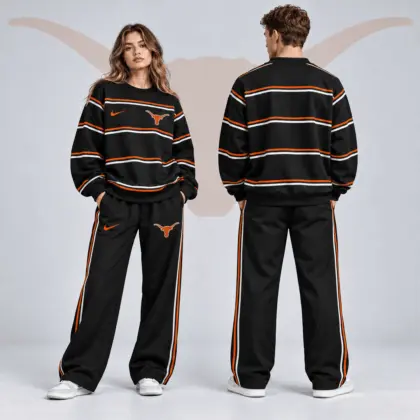 Texas Longhorns | Premium NCAA Horizontal Stripe Crewneck Sweatshirt &amp; Wide Leg Track Pants Set NDN