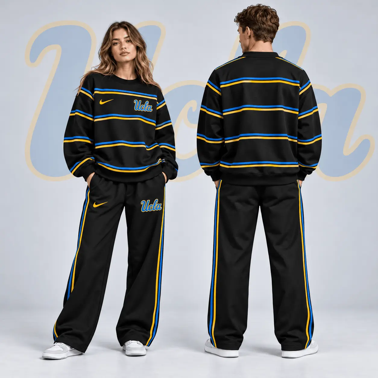 Ucla Bruins | Premium NCAA Horizontal Stripe Crewneck Sweatshirt & Wide Leg Track Pants Set NDN
