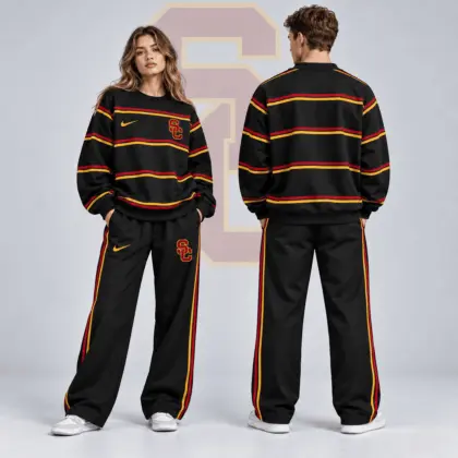 Usc Trojans | Premium NCAA Horizontal Stripe Crewneck Sweatshirt & Wide Leg Track Pants Set NDN