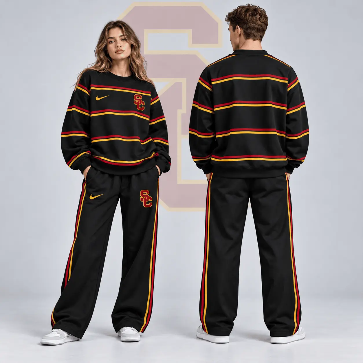 Usc Trojans | Premium NCAA Horizontal Stripe Crewneck Sweatshirt & Wide Leg Track Pants Set NDN