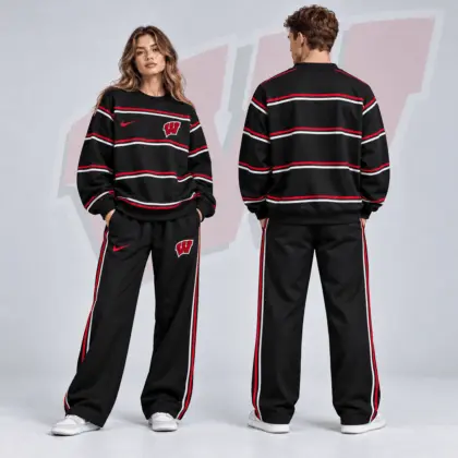 Wisconsin Badgers | Premium NCAA Horizontal Stripe Crewneck Sweatshirt & Wide Leg Track Pants Set NDN