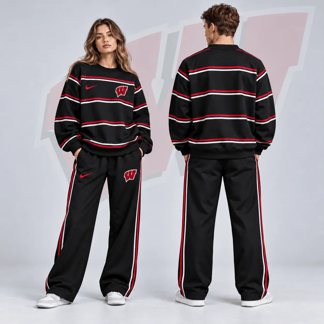 Wisconsin Badgers | Premium NCAA Horizontal Stripe Crewneck Sweatshirt & Wide Leg Track Pants Set NDN